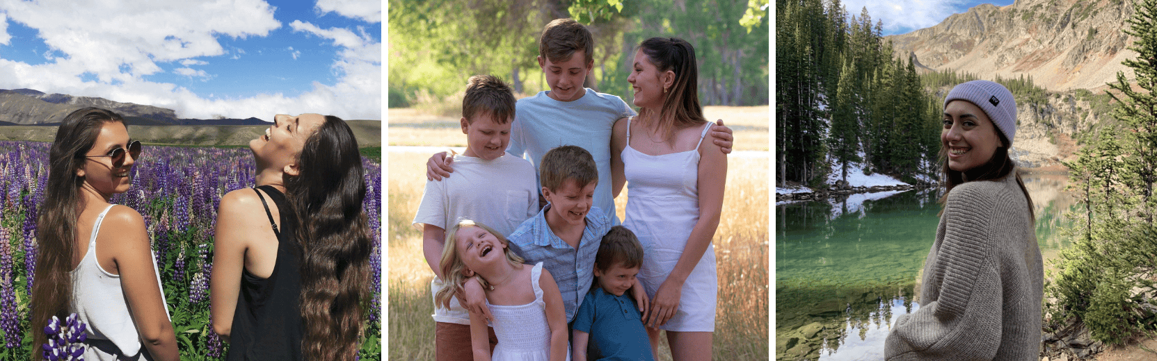 Collage, zwei Au pairs im Lavendelfeld, Au pair mit Gastkindern, Au pair vor einem Bergsee