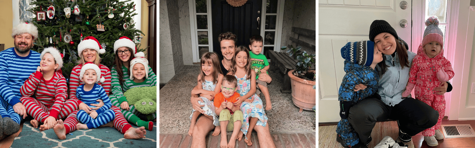 Collage aus drei Fotos: Gastfamilie vor dem Weihnachtsbaum, Au pair mit Gastkindern auf der Treppe, Au pair mit Gastkindern