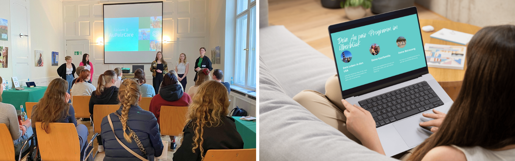 Links ein Bild einer AuPairCare Infoveranstaltung in Berlin, rechts eine junge Frau, die sich im Internet informiert