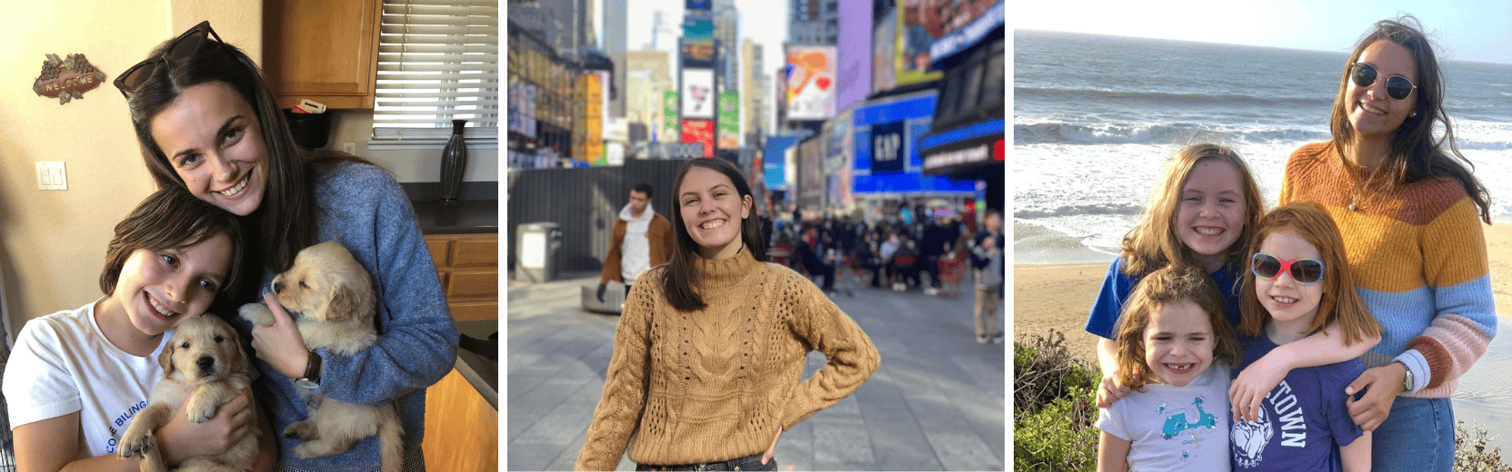 Collage, Au pair mit Gastkind und Hundewelpen, Au pair in New York City, Au pair am Strand mit Gastkindern