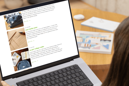 junge frau schaut sich den blog im laptop an